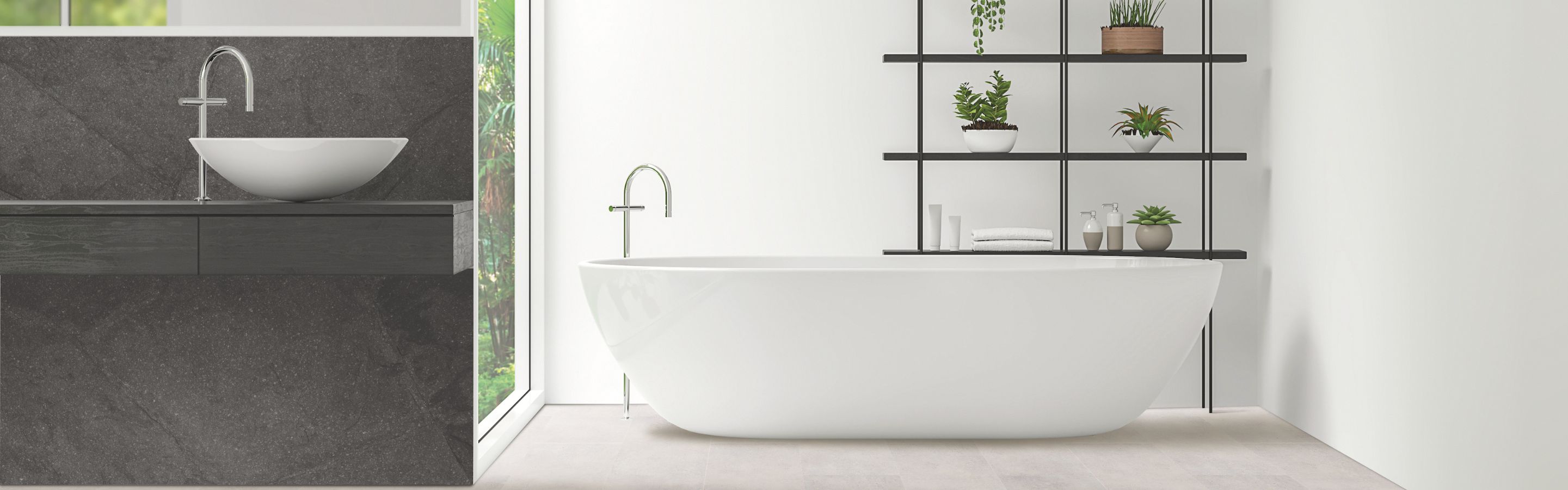 spa like bathroom with tub, tile floors, grey stone countertops