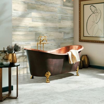 bathroom design with tub and wood look accent wall for Illinois homes